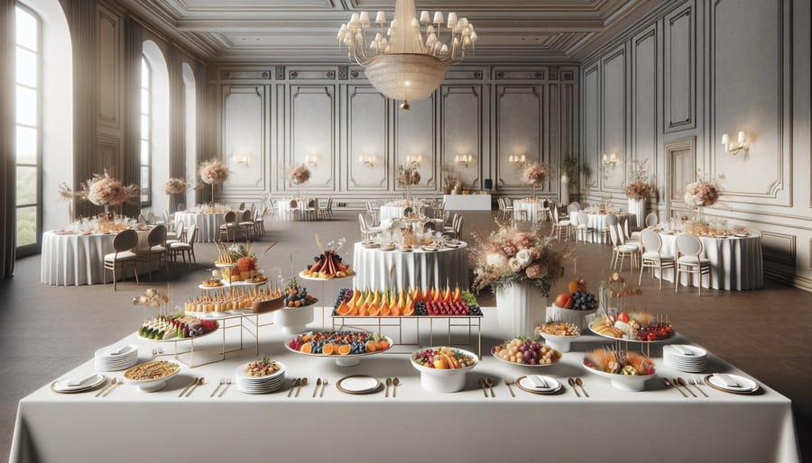 An elegant catering table with dishes featuring colorful freeze-dried fruits and vegetables.