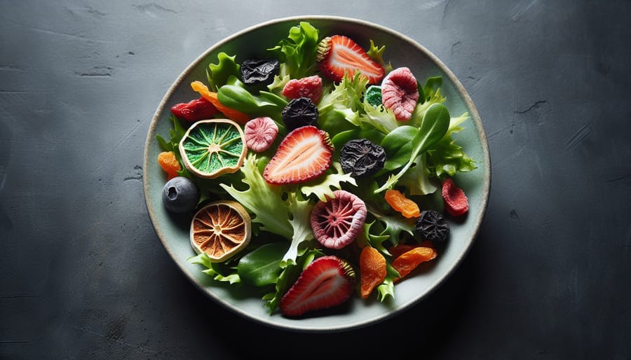 Close-up of a green salad with colorful freeze-dried strawberries and blueberries, showcasing added texture and visual appeal.