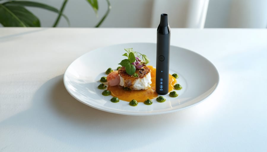 Gourmet dish served with a vaping device, showcasing culinary innovation alongside vaping