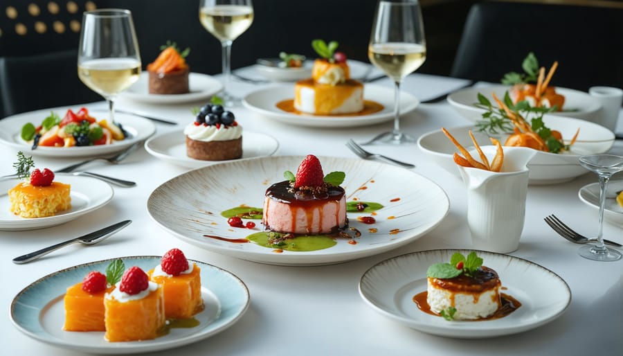 Elegant dining setup featuring international gourmet dishes paired with premium vaping devices, symbolizing a luxurious culinary and vaping experience.