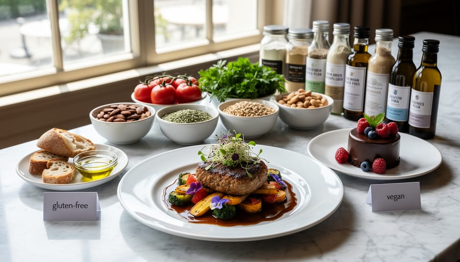 Server presenting an elegant plated entrée to guests at a catered event with gourmet presentation.