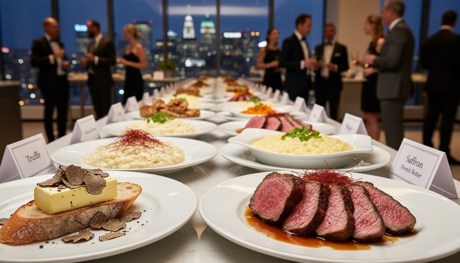 Gourmet imported ingredients including Italian truffle, Spanish saffron, French butter, and wagyu steak on a slate serving surface.