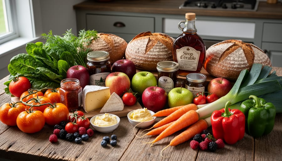 Seasonal Quebec produce and artisanal cheese arranged on a wooden catering table with herbs and vegetables.