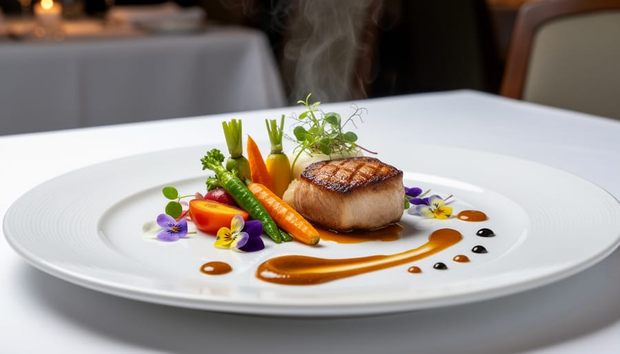 Chef presenting an elegant plated entrée at a catered event with glossy sauce and refined garnish