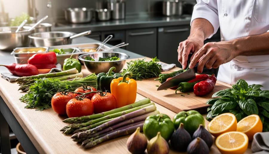Chef’s hands arranging fresh seasonal ingredients like basil, tomatoes, citrus zest, and sea salt on a marble prep surface