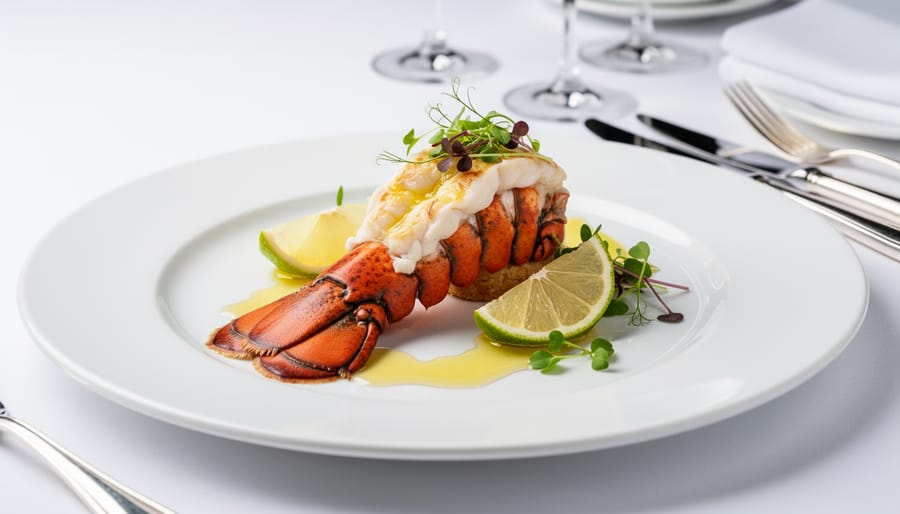 Cooked lobster plated on white ceramic with drawn butter and lemon wedges for an elegant gathering.