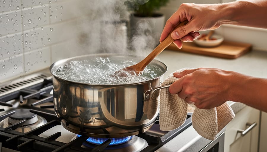 Gloved hands using long tongs lower a lobster into a large boiling stockpot with steam rising.
