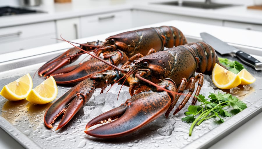 Live lobsters in a shallow wet tank with seaweed and damp cloth, photographed in a clean catering-style kitchen setting.