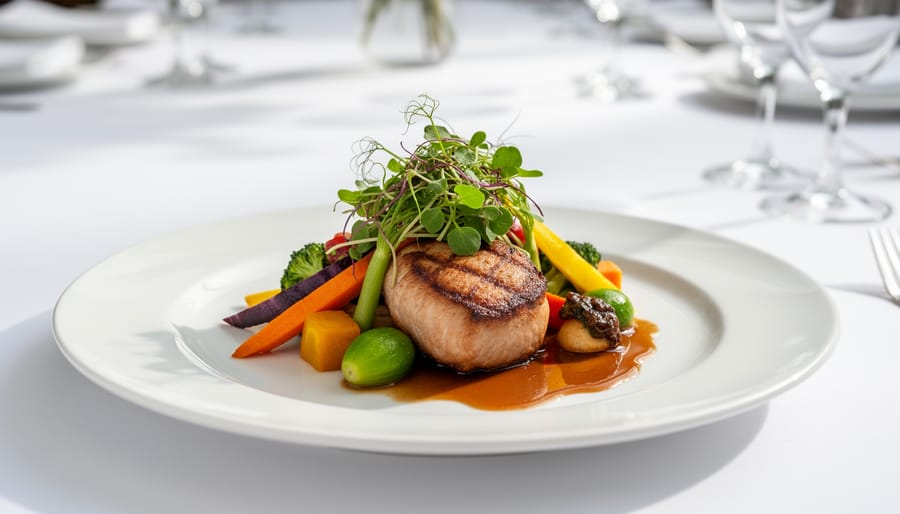 Chef’s hands garnish an elegant plated gourmet meal on a white tablecloth.