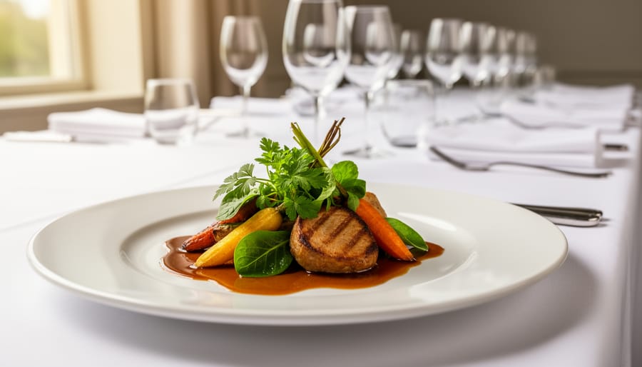 Close-up of a plated gourmet dish with fresh herbs and seasonal vegetables on elegant tableware.