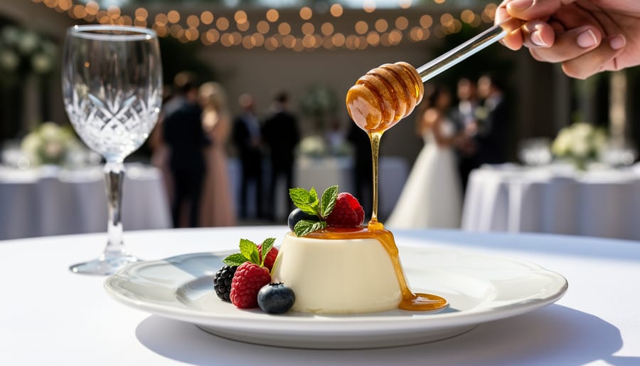 Panna cotta topped with a ribbon of raw honey on an elegant dessert plate