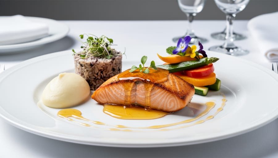 Plated raw honey-glazed salmon with citrus wedges and a honey drizzle