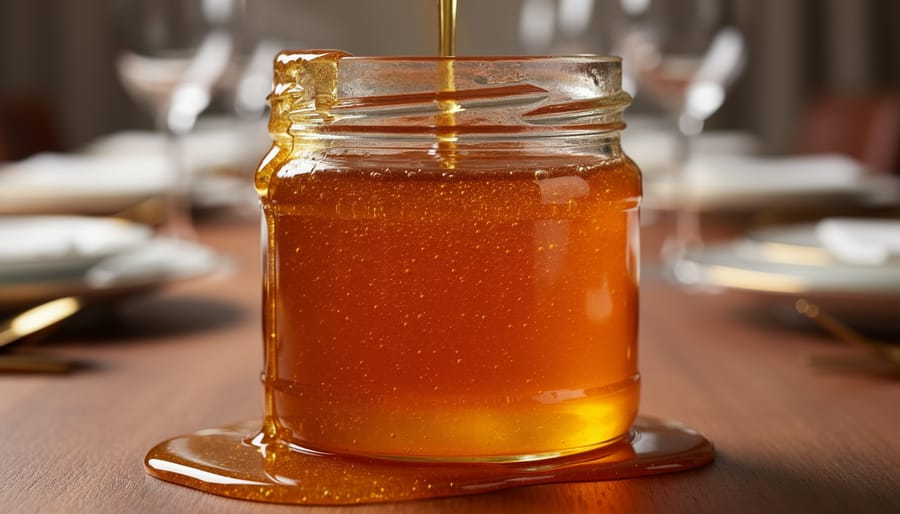 Raw honey in a glass jar with a wooden honey dipper on a linen napkin