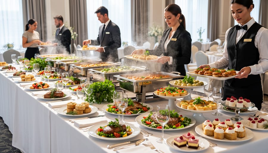 Upscale event buffet table with international-inspired food and servers in the background.