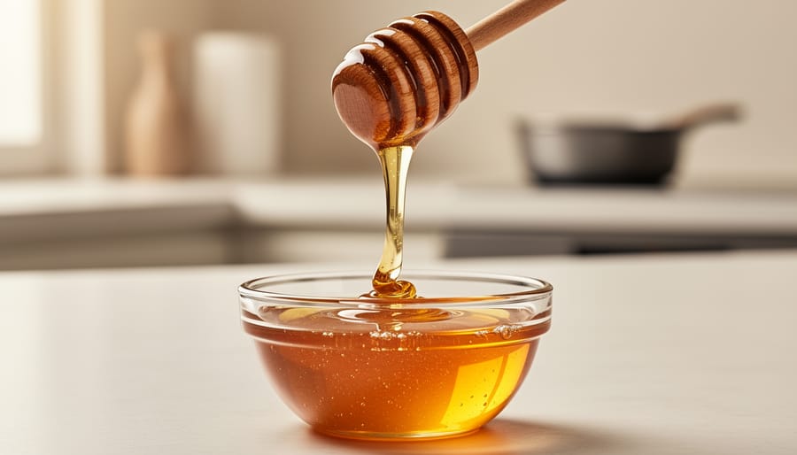 Honey spoon drizzling golden honey into a glass ramekin with warm highlights and soft background jars.