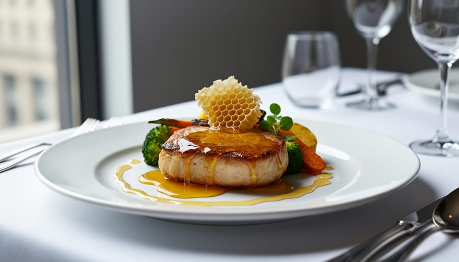 Elegant plate of honey-lacquered salmon with garnish on a softly blurred candlelit table background.