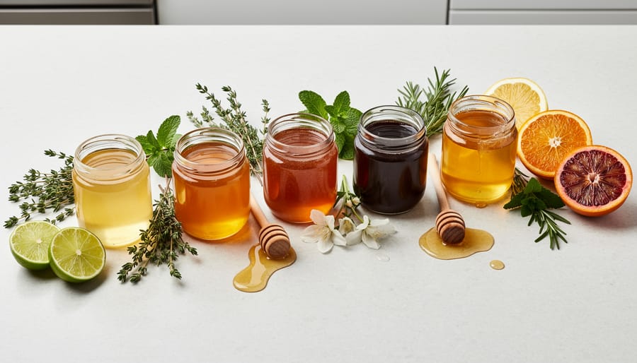 Overhead view of multiple varietal honeys with fresh herbs and citrus on a marble countertop.