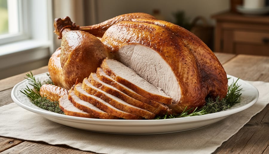 Carved roasted turkey slices plated for an elegant holiday presentation