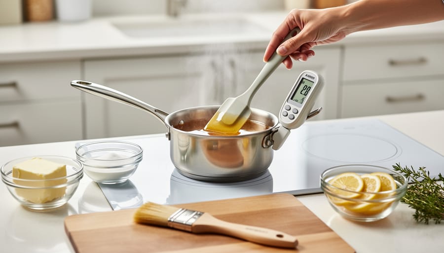 Saucepan warming honey with a whisk nearby on a stovetop with citrus ingredients on a kitchen counter
