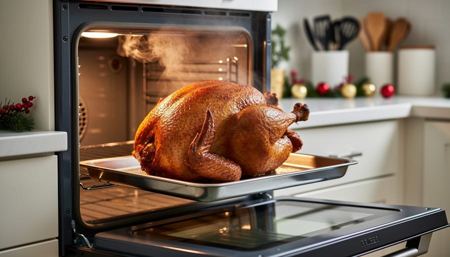 Roasted turkey at the oven door with golden brown skin and warm steam