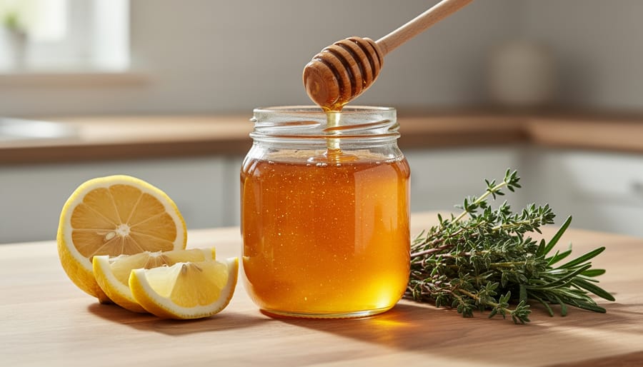 Jar of raw honey with a honey dipper beside lemon wedges and fresh thyme on a marble countertop