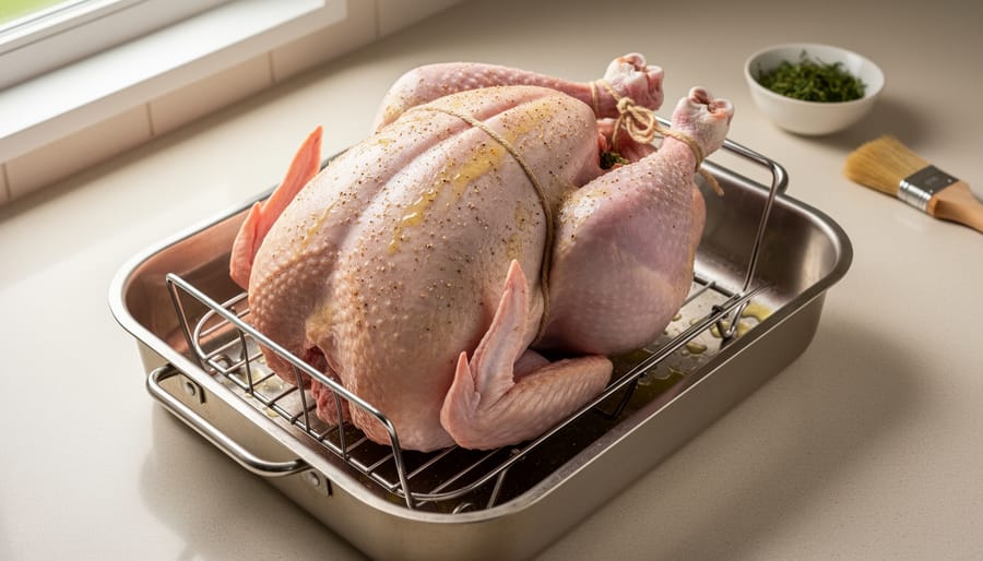 Whole turkey on a rack in a roasting pan ready for oven roasting